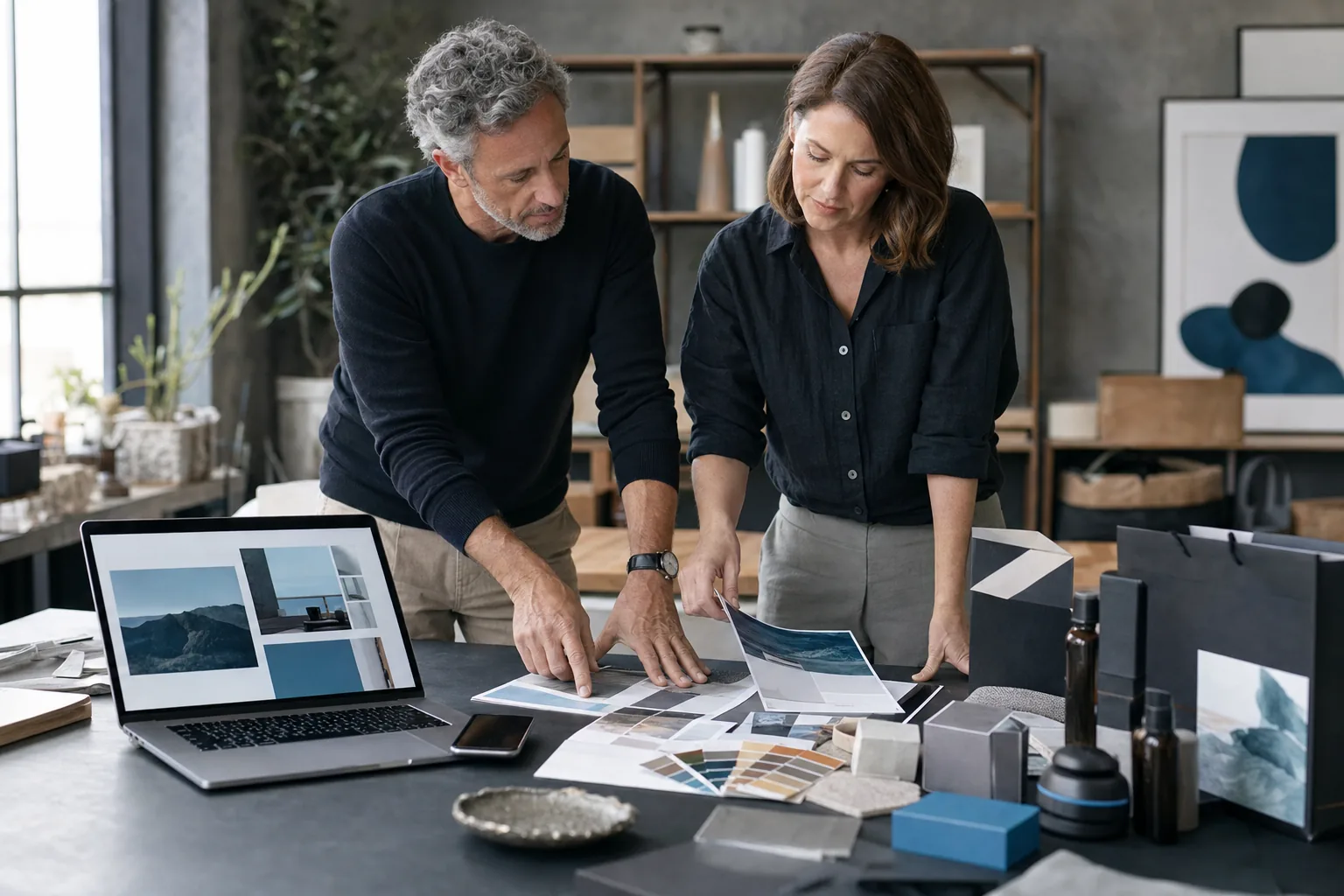 Two business owners reviewing their website, printed materials, packaging and visual presentation