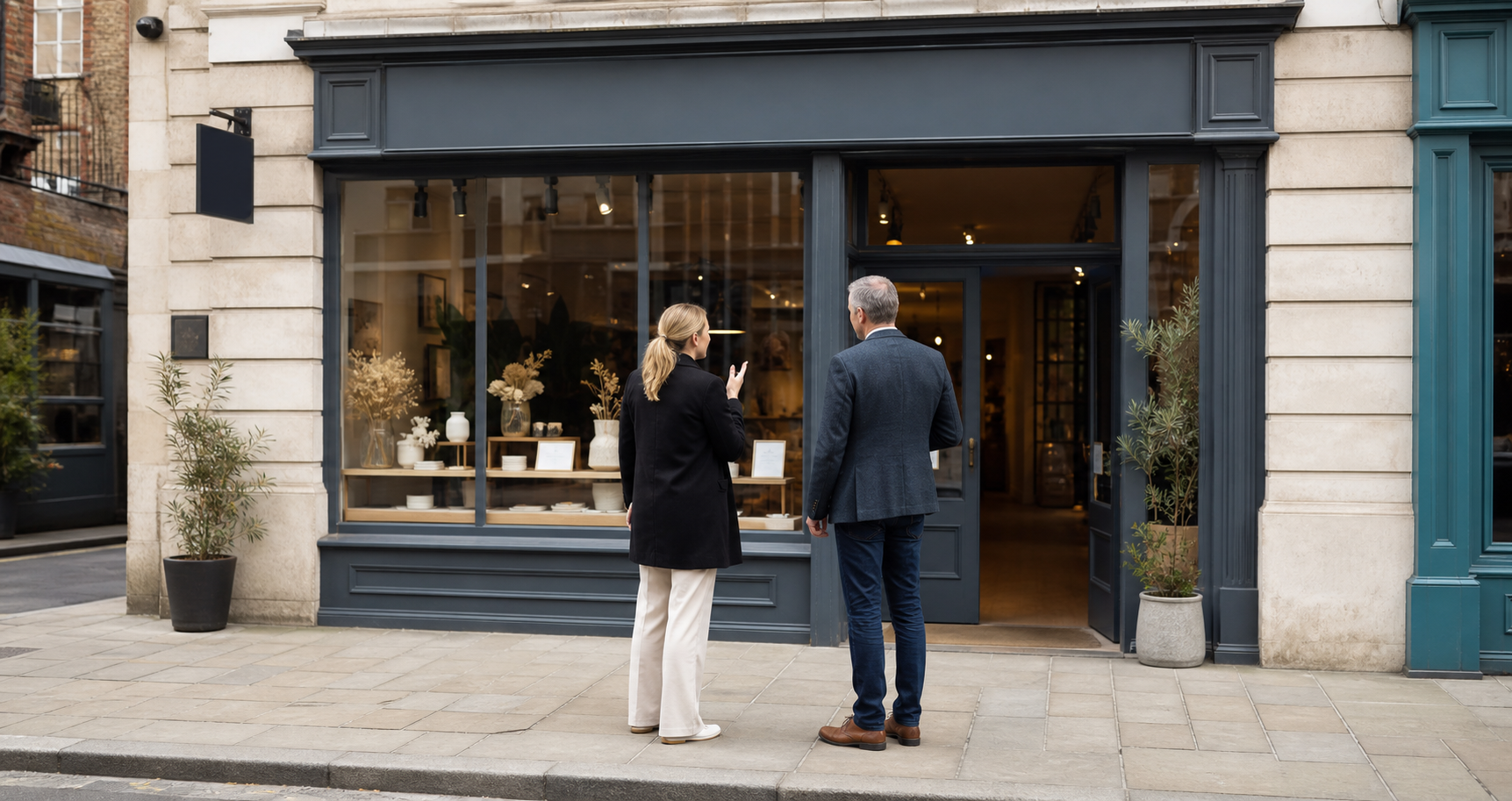 A business owner and advisor reviewing the customer-facing exterior of an independent business