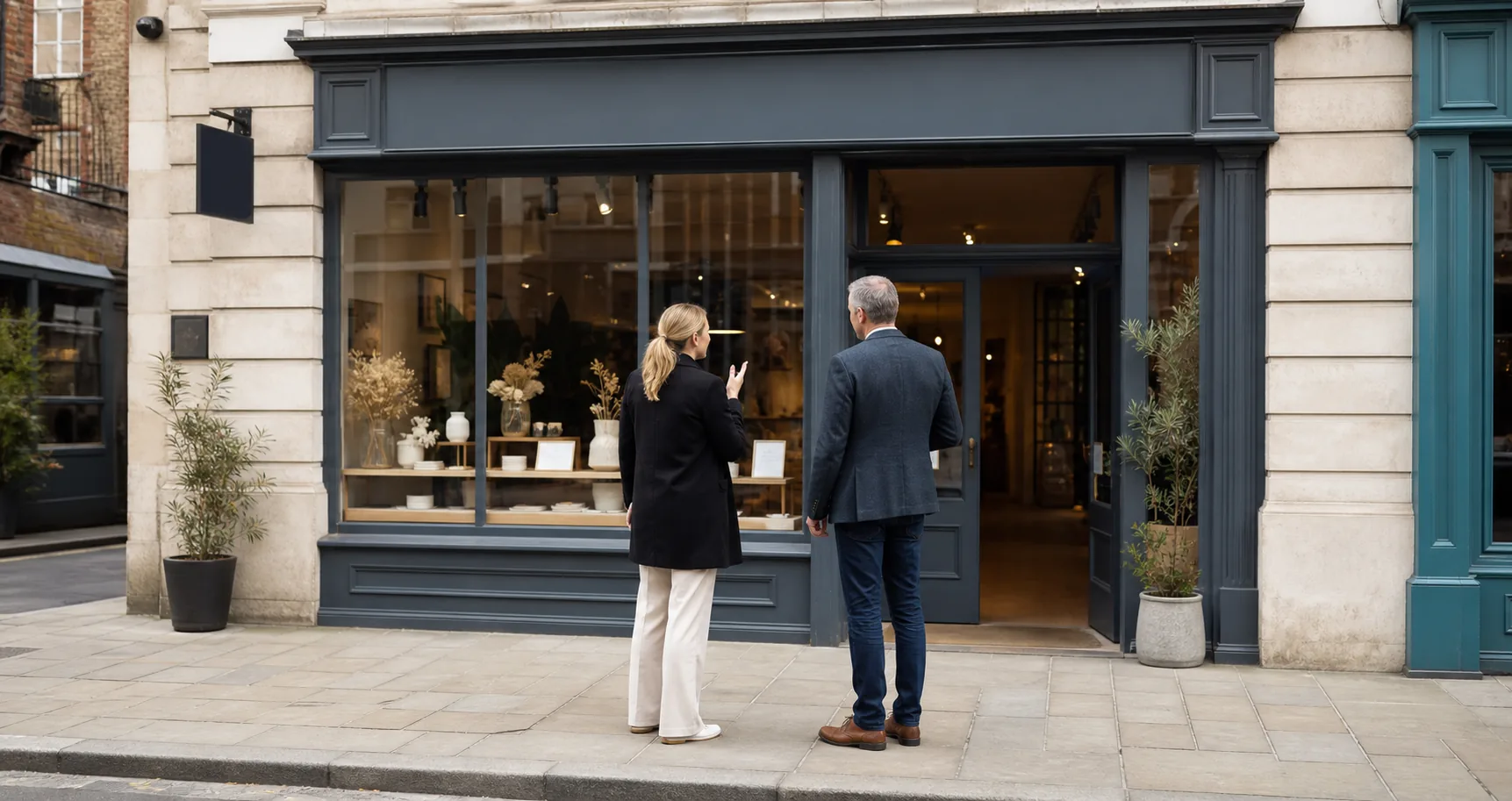 A business owner and advisor reviewing the customer-facing exterior of an independent business