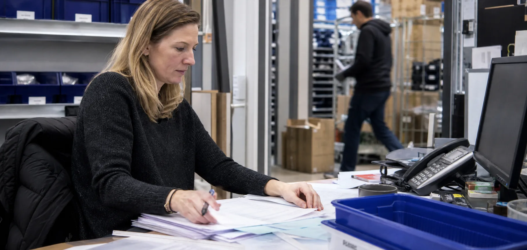 A business operator reviewing day-to-day paperwork as part of a wider business review