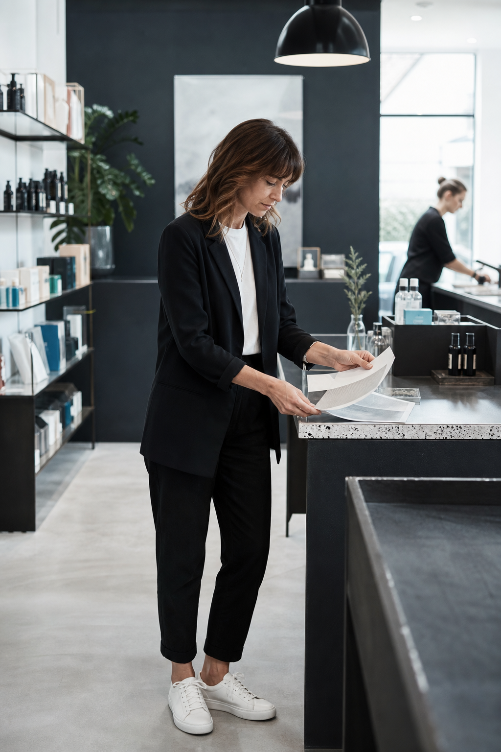 A business owner reviewing customer-facing materials and product presentation