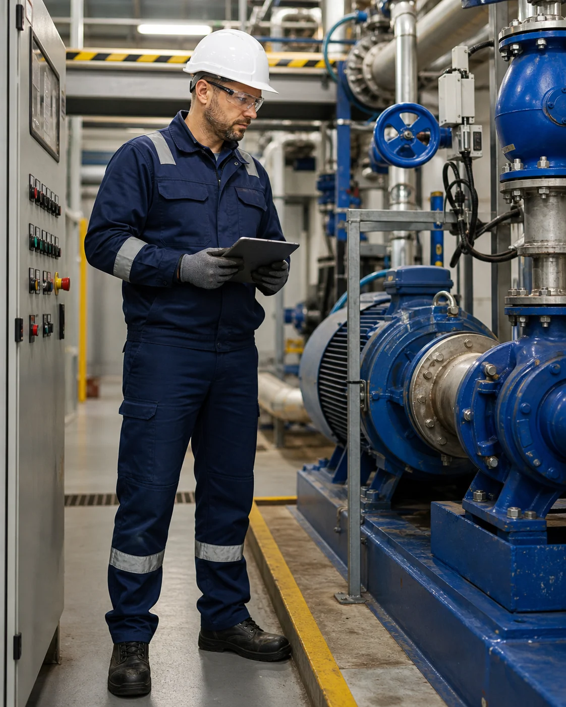 Industrial maintenance technician inspecting pumping equipment in a processing plant