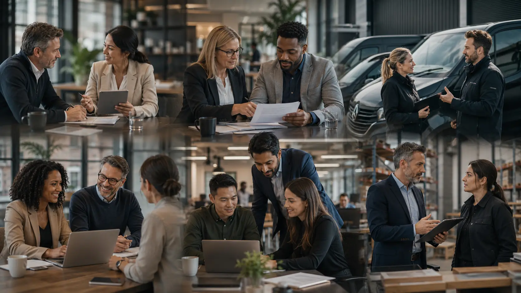 Professionals discussing work and opportunities in modern business settings