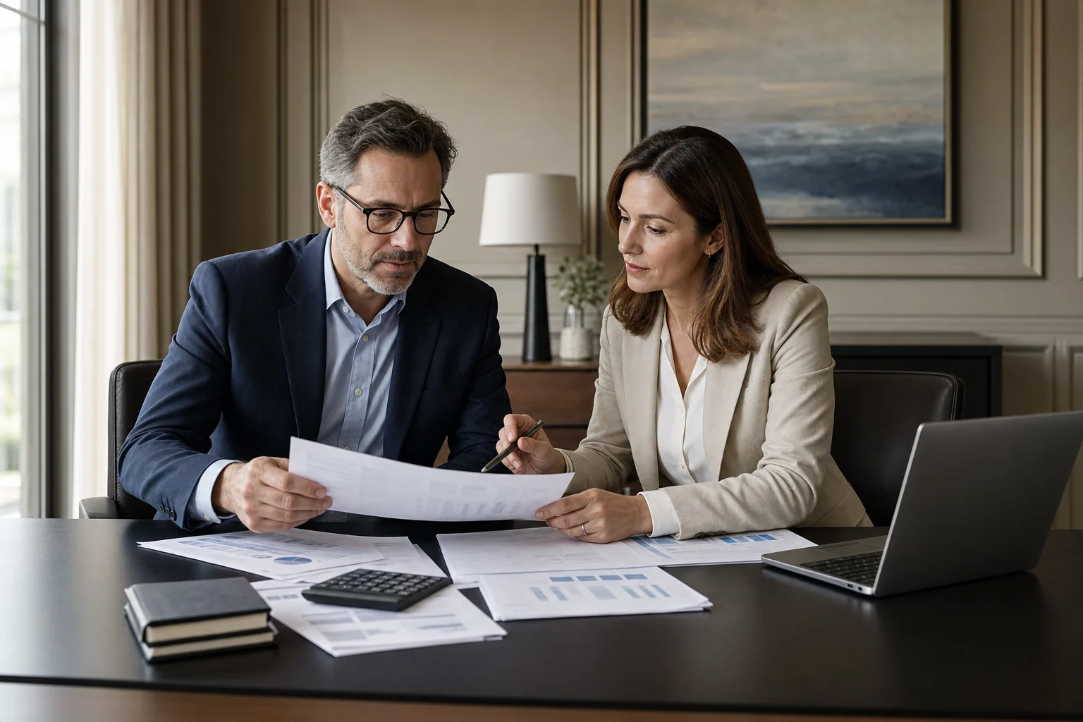 Business owner and accountant reviewing financial reports together