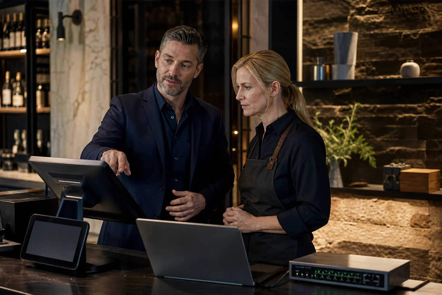 Technology specialist reviewing an EPOS and IT system with a business owner